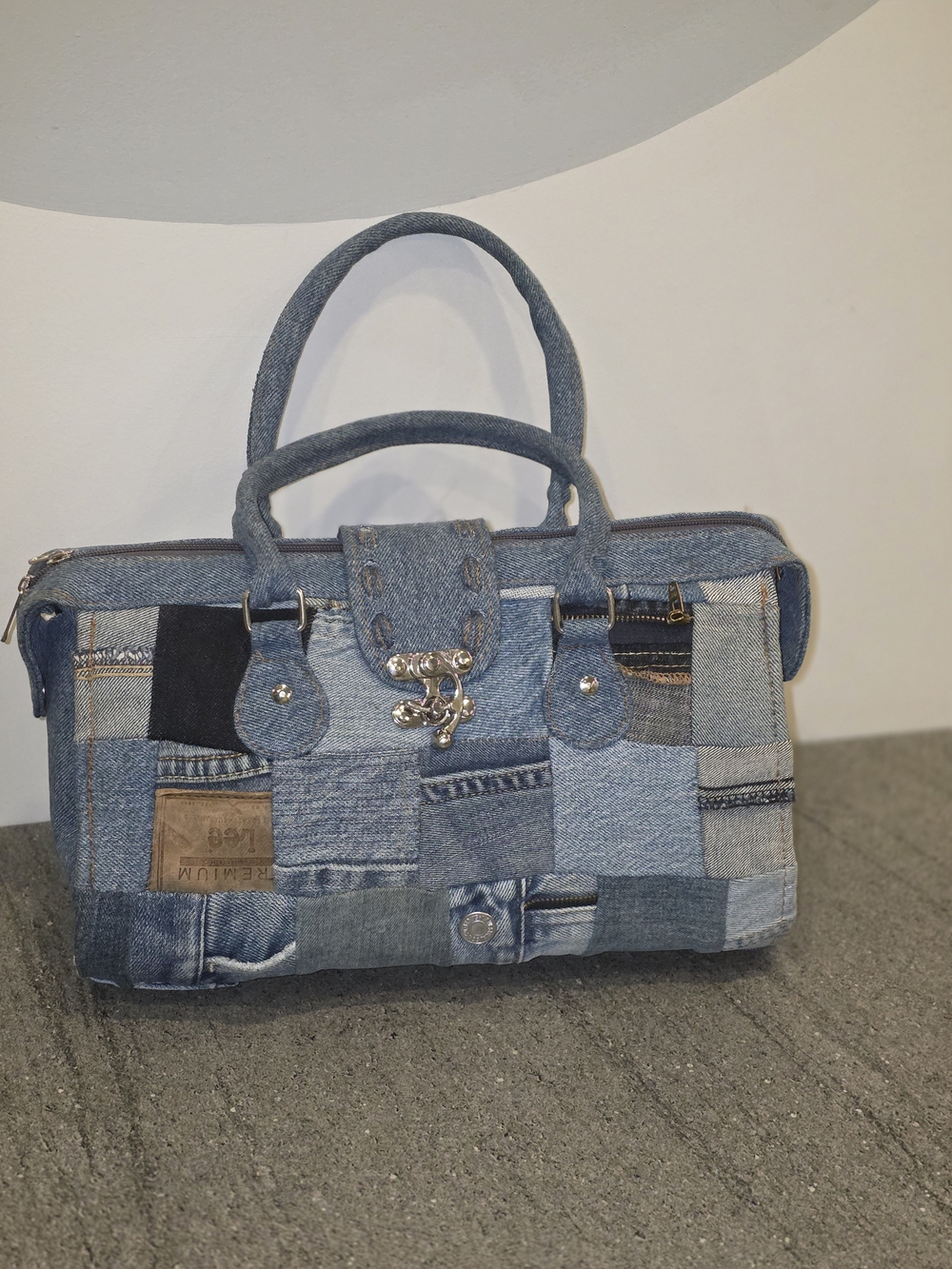 Patchwork Denim Top-Handle Satchel - Blue